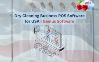 Dry Cleaning Business POS Software for USA by Geelus, featuring a cloud-based CRM dashboard illustration over a background of hanging garments with a faded American flag.