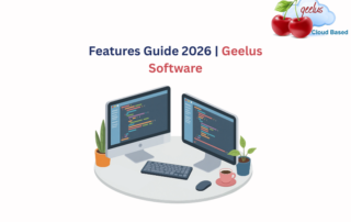 Illustration of Geelus software features guide 2026, showing cloud-based system interface for laundry and dry cleaning operations, representing Laundry POS Software USA for business management.