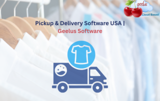 Illustration of Geelus pickup and delivery system for laundry services, showing clothing transport workflow and cloud-based management, representing Pickup & Delivery Software USA for laundry and dry cleaning businesses.