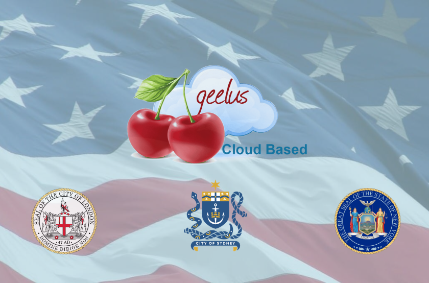 USA, England, Australia Geelus Geelus cloud-based logo with cherries over a faded American flag background, alongside official seals of the United Kingdom, City of Sydney Australia, and the United States, representing international presence.