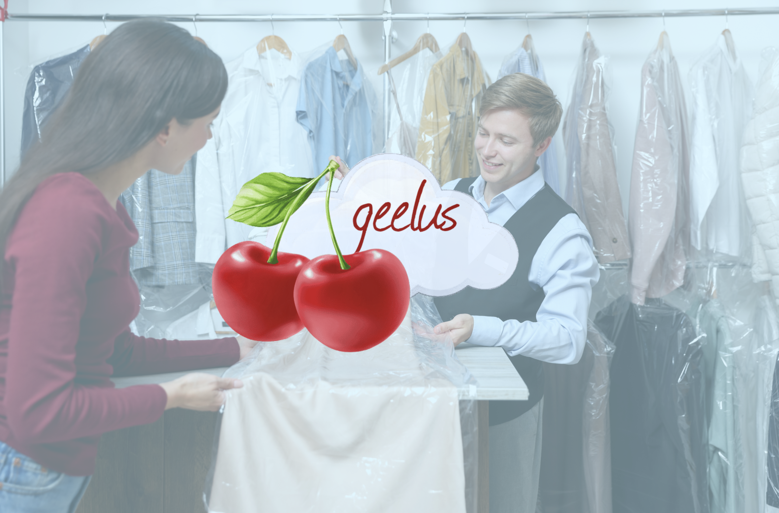 Dry Cleaning Management Software USA (background) Geelus cloud-based logo with cherries over a faded American flag background, alongside official seals of the United Kingdom, City of Sydney Australia, and the United States, representing international presence.