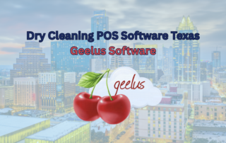 Feature image titled "Dry Cleaning POS Software Texas" by Geelus Software, with their logo front and centre of the page, with a semi transparent background image of the texan skyline