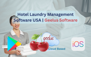 Hotel Laundry Management Software USA by Geelus featuring cloud-based iOS and Android app solutions for hotel linen and laundry operations.