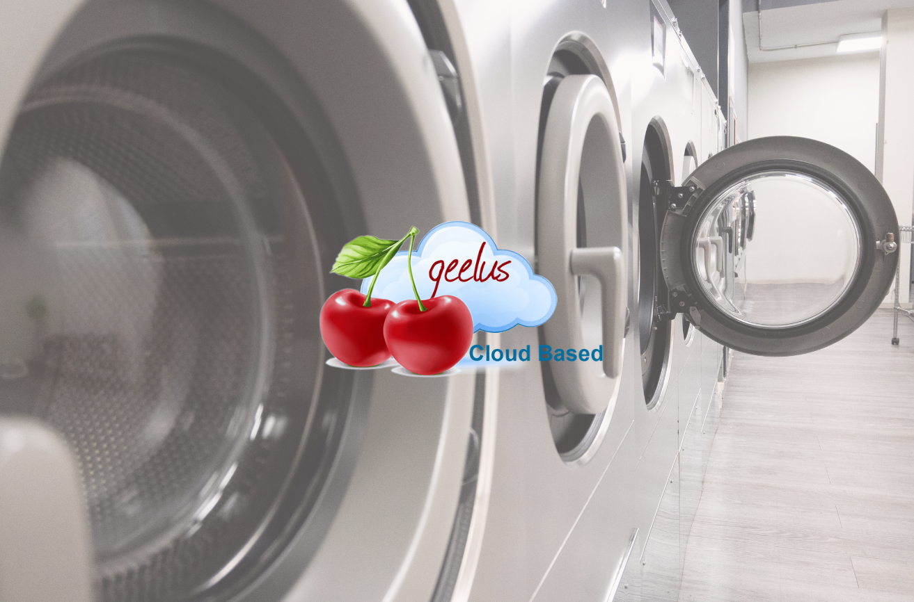 Laundromat + Geelus Logo Geelus cloud-based logo with cherries over a faded American flag background, alongside official seals of the United Kingdom, City of Sydney Australia, and the United States, representing international presence.