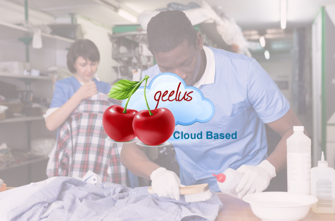Dry Cleaning Management Software Chicago + Geelus Logo Geelus cloud-based logo with cherries over a faded American flag background, alongside official seals of the United Kingdom, City of Sydney Australia, and the United States, representing international presence.