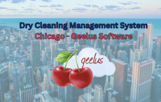 Feature image titled "dry cleaning management system chicago" with the Geelus Software Company Logo directly below it, with a semi-transparent background image of the chicago skyline.